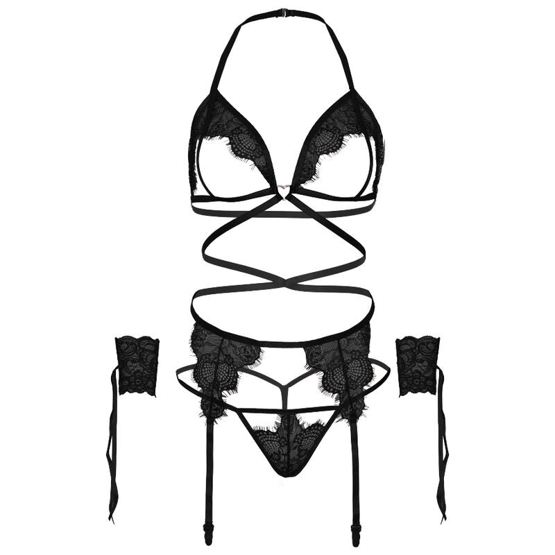 LEG AVENUE FOUR-PIECE SET: BRA, GARTER BELT, THONG, AND CUFFS - ONE SIZE - BLACK