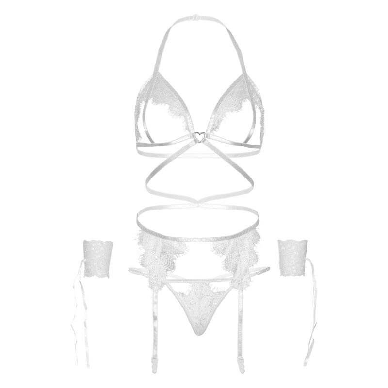 LEG AVENUE FOUR-PIECE SET: BRA, GARTER BELT, THONG, AND CUFFS - ONE SIZE - BLACK
