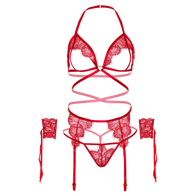 LEG AVENUE FOUR-PIECE SET: BRA, GARTER BELT, THONG, AND CUFFS - ONE SIZE - BLACK