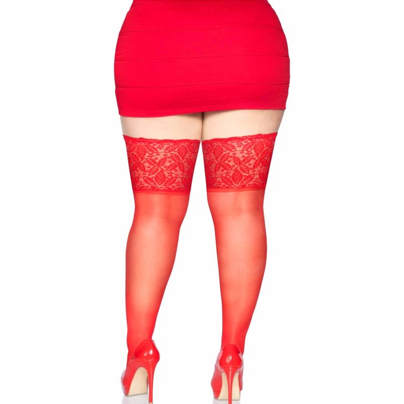 LEG AVENUE - RED SELF-ADHESIVE STOCKINGS WITH WIDE LACE ONE SIZE
