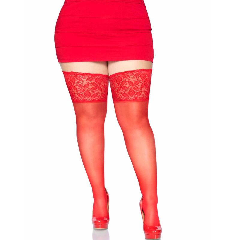 LEG AVENUE - RED SELF-ADHESIVE STOCKINGS WITH WIDE LACE ONE SIZE