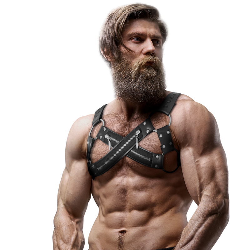 FETISH SUBMISSIVE ATTITUDE - ADJUSTABLE NEOPRENE CHEST STRAP WITH CROSS-OVER BULLDOG ZIPPER FOR MEN