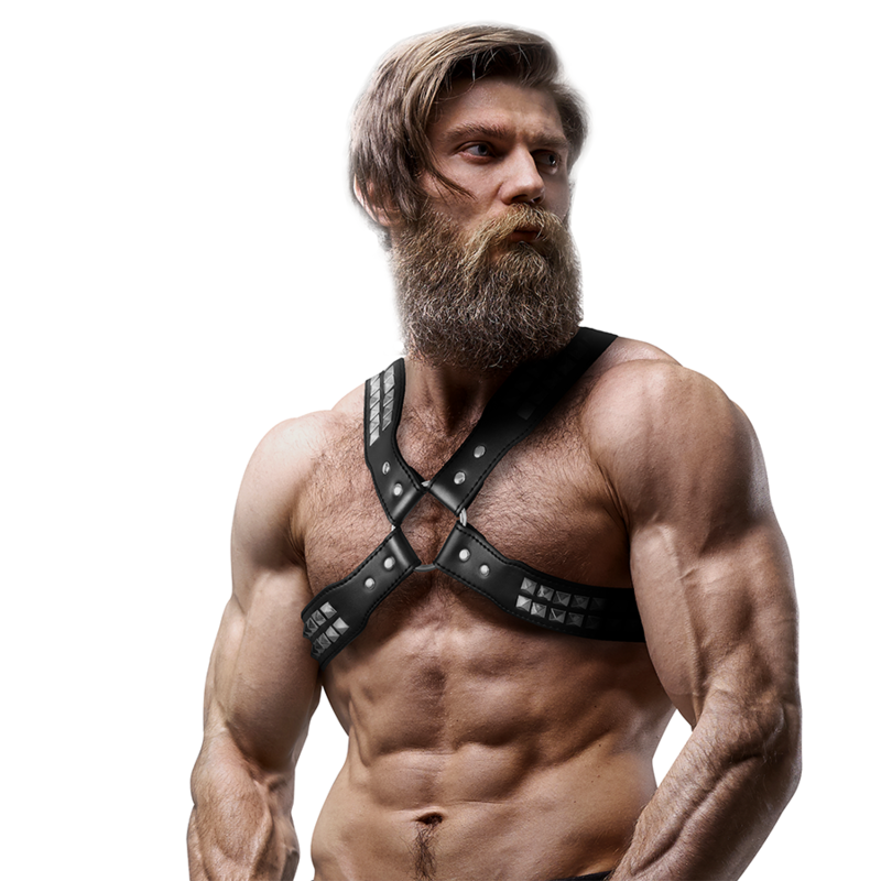 FETISH SUBMISSIVE ATTITUDE - MEN'S ECO-LEATHER COLLAR WITH CROSSED CHEST AND STUDDED