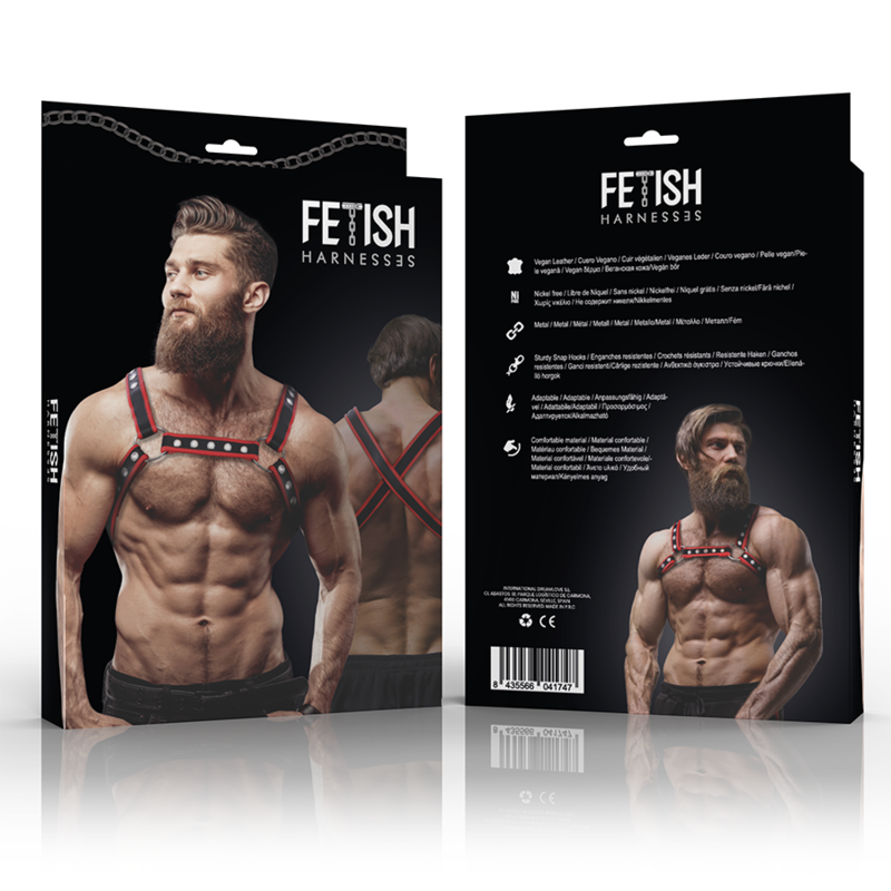 FETISH SUBMISSIVE ATTITUDE - ECO-LEATHER CHEST BULLDOG HARNESS FOR MEN, BLACK/RED