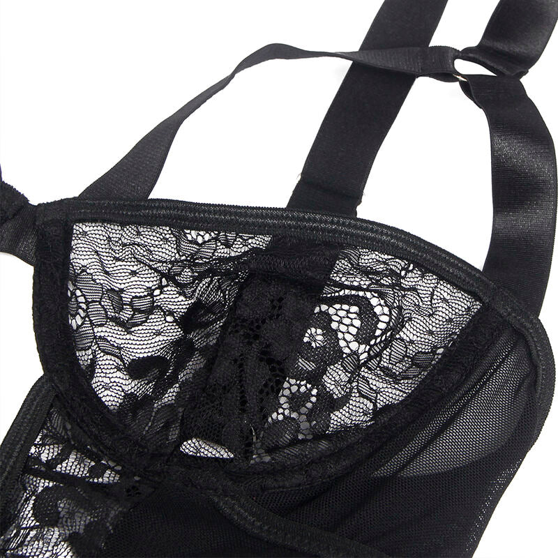 SUBBLIME - TEDDY MIT STRUMPFBAND MIT SPITZENDETAIL UND STREIFEN SCHWARZ S/M - L/XL