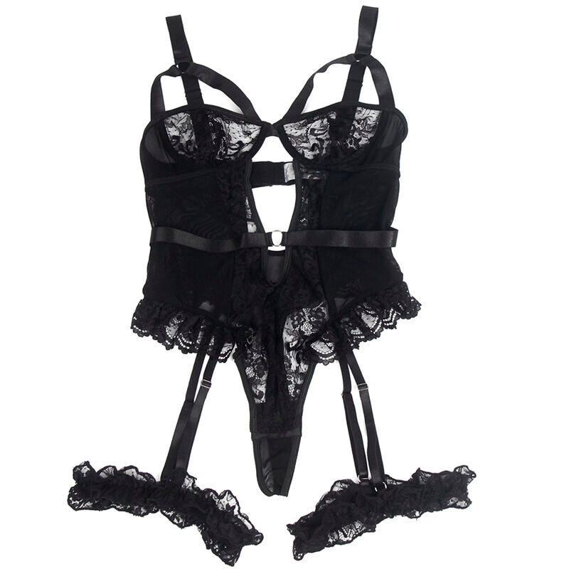SUBBLIME - TEDDY MIT STRUMPFBAND MIT SPITZENDETAIL UND STREIFEN SCHWARZ S/M - L/XL
