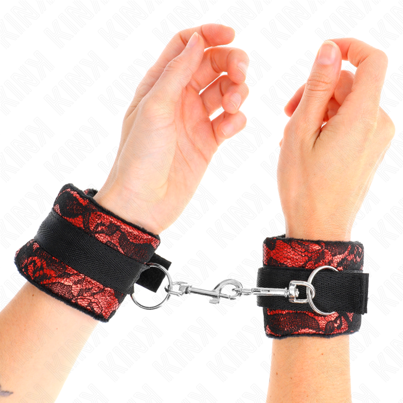 KINK - KURZE HANDGELENKSFESSELN AUS SAMTSPITZE UND NYLONFESSEL ROT/SCHWARZ 23 X 6.5 CM