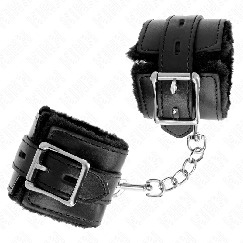 KINK - PELZGEFÜTTERTE HANDGELENKFESSELN MIT QUADRATISCHEN LÖCHERN, SCHWARZ UND SCHWARZ, VERSTELLBARER GÜRTEL 17-29 CM