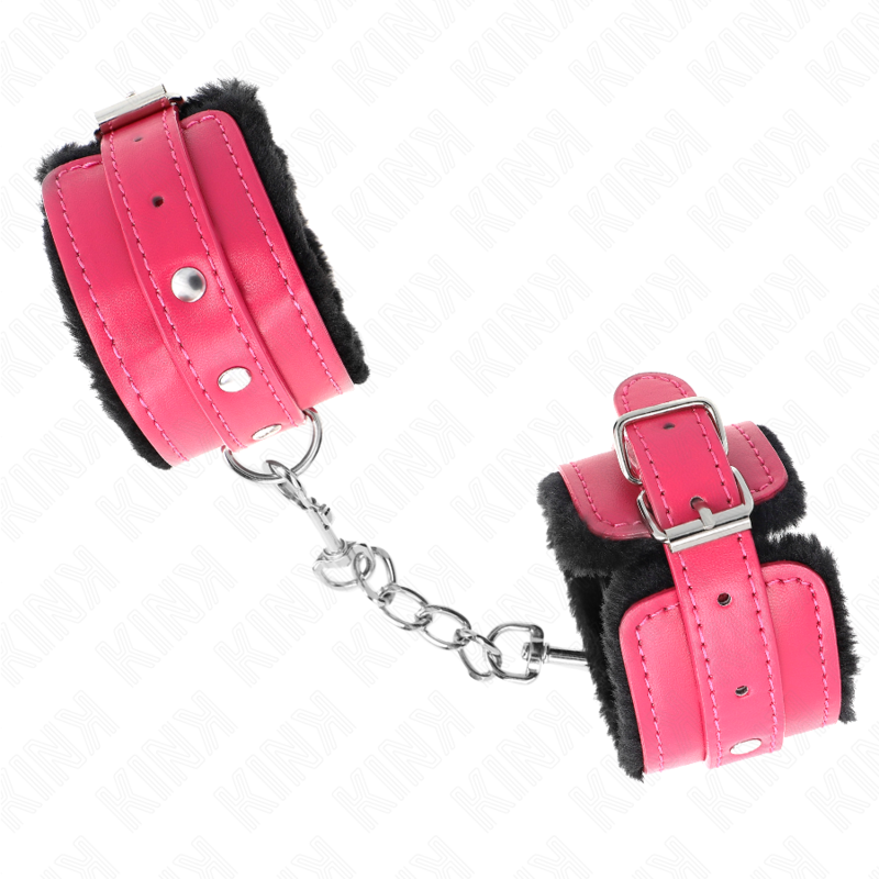 KINK - PREMIUM PELZGEFÜTTERTE HANDGELENKFESSELN SCHWARZ MIT HIMBEERROSEN-GÜRTEL VERSTELLBAR 17-29 CM