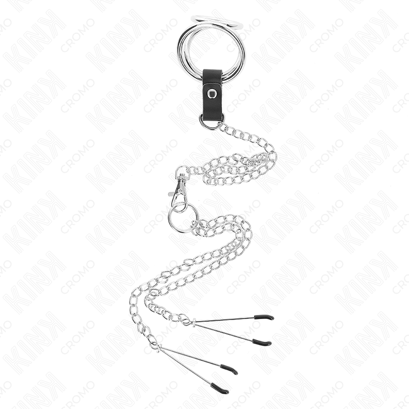 KINK - DREIFACH CHROM METALL PENISRING 3 CM BIS 4.5 CM MIT 26 CM METALLKETTE UND BRUSTKLAMMERN
