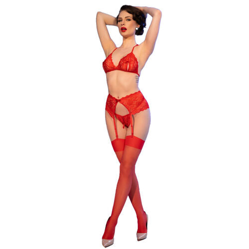 CHILIROSE - CR 4848 ROT SPITZEN-BH + TANGA + STRÜMPFE SET