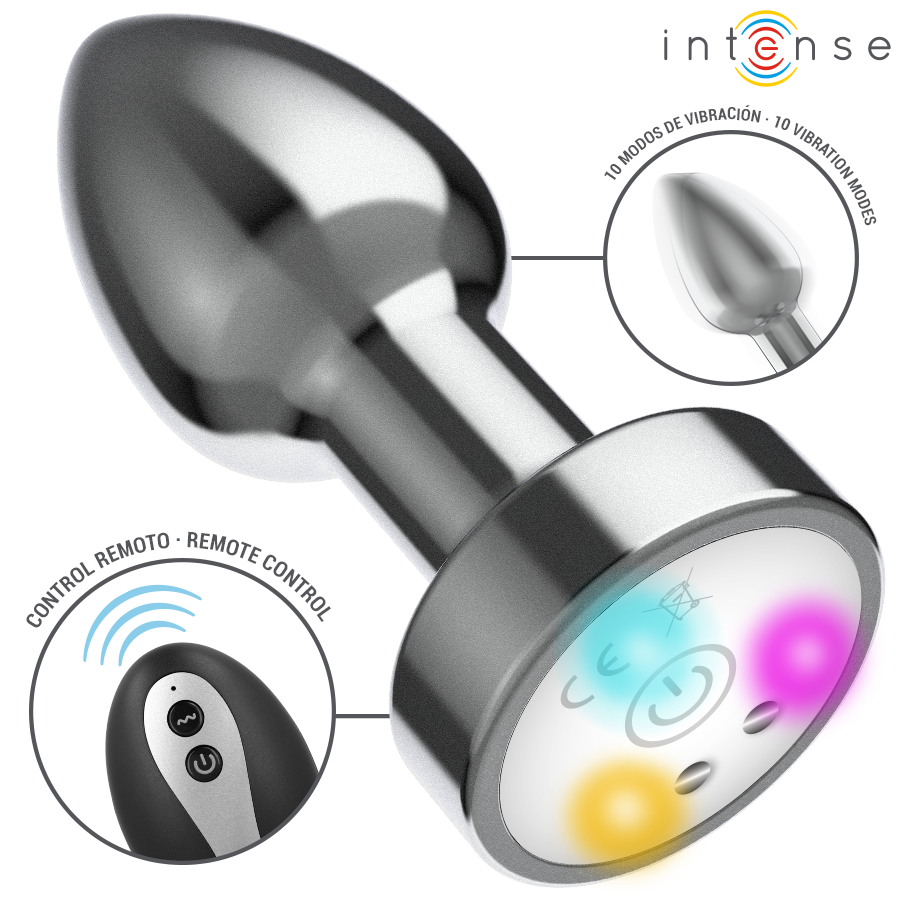 INTENSE - VIBRIERENDER ANALPLUG AUS METALL MIT LED-LEUCHTEN UND FERNBEDIENUNG - GRÖSSE