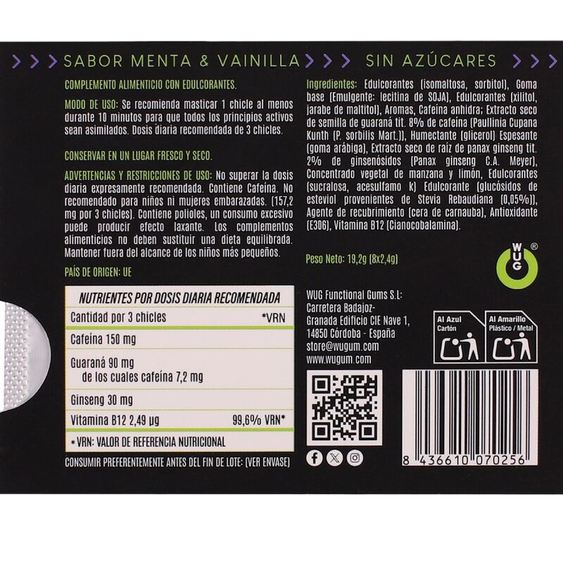 WUG ON – Funktionelles Kaugummi mit Koffein und Guarana, Minze-Vanille-Geschmack, Blisterpackung mit 8 Stück