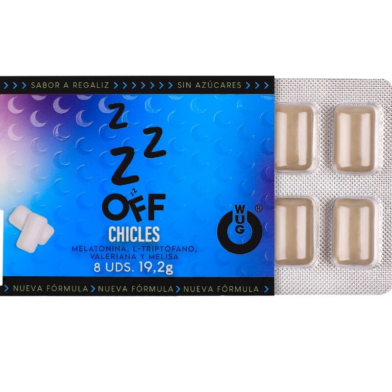 WUG OFF – Funktionelles Melatonin & Baldrian-Lakritz-Kaugummi, 8 Stück
