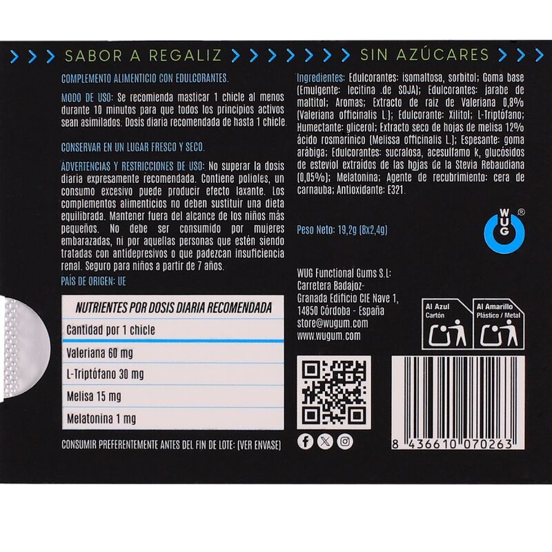 WUG OFF – Funktionelles Melatonin & Baldrian-Lakritz-Kaugummi, 8 Stück