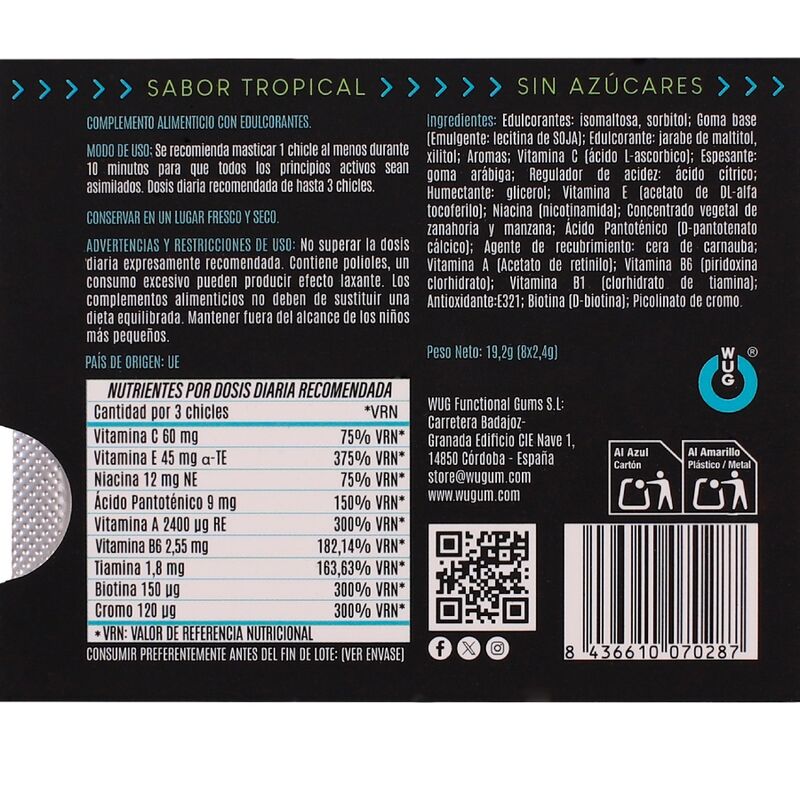WUG MULTIVIT – Funktionelles Multivitamin-Kaugummi mit tropischem Geschmack, 8 Stück pro Blisterpackung